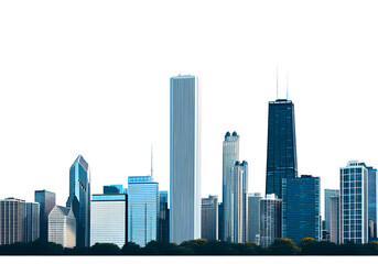 Naklejka premium City skyline, Chicago cityscape with tall buildings and lakefront, transparent background