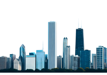 City skyline, Chicago cityscape with tall buildings and lakefront, transparent background
