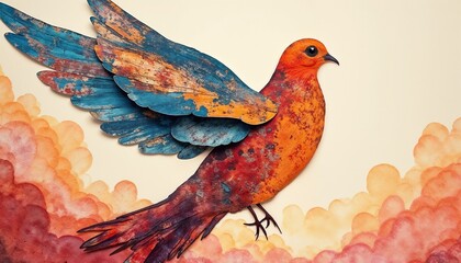 Colorful bird illustration with vibrant wings soaring through a whimsical cloud background
