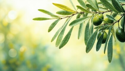 Close-up of olive branch with green olives and fresh leaves against blurred background