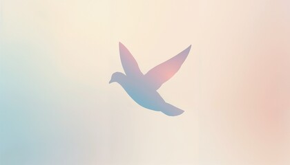 Soft silhouette of dove flying against pastel gradient background in tranquil setting