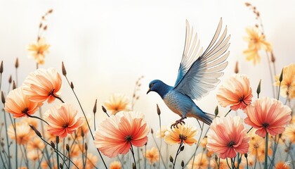 Blue dove flying above blooming flowers in vibrant garden during golden hour
