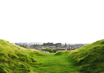 Photorealistic image of Edinburgh, a grassy hill overlooking the city, transparent background