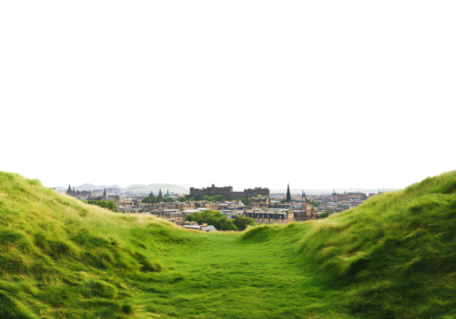 Photorealistic image of Edinburgh, a grassy hill overlooking the city, transparent background - Powered by Adobe