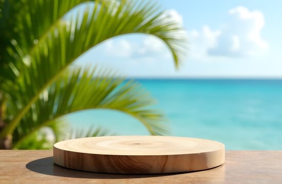 summer wooden mock up stand with tropical leaves, minimal modern product display podium with copy space text