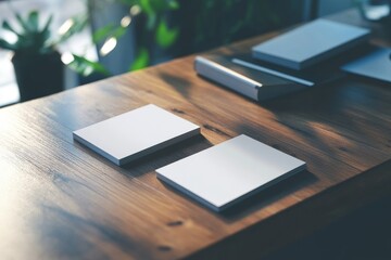 Modern Minimalist Presentation of Blank Silver Rectangular Objects on a Rustic Wooden Tabletop, with a Soft Natural Light and Subtle Background of Plants.