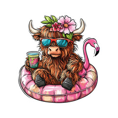Highland Cow Enjoying Summer Vacation with Flamingo Pool Float and Sunglasses