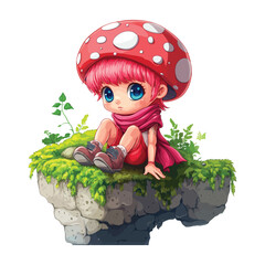 Cute Anime Mushroom Girl Sitting on a Rock