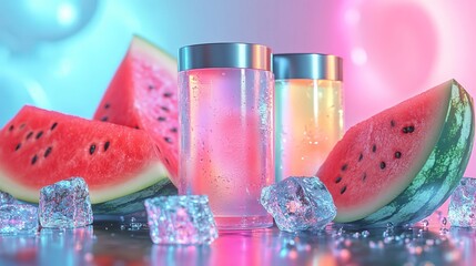 Refreshing Watermelon Summer Drinks with Ice Cubes in Vibrant Neon Lighting