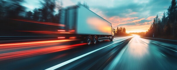 A large semi truck is driving down a highway with a sunset in the background