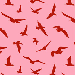 red seagulls on the isolated pink background, hand drawn, seamless pattern, ornament, summer cover, background, decoration for textile, fabric, wrapping paper, wallpaper, vector
