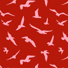 pink seagulls on the isolated  red background, hand drawn, seamless pattern, ornament, summer cover, background, decoration for textile, fabric, wrapping paper, wallpaper, vector