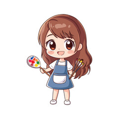 Cute cartoon artist girl holding palette and brushes smiling