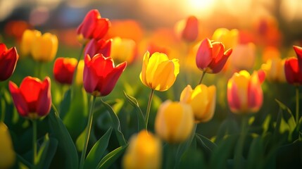 Vibrant tulips in a field at sunset, showcasing red and yellow blooms.
