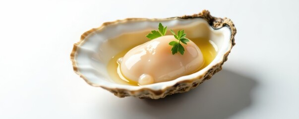 Opened oyster, pearl-like, plump meat, wet, clean white backdrop, appetizer, bivalve