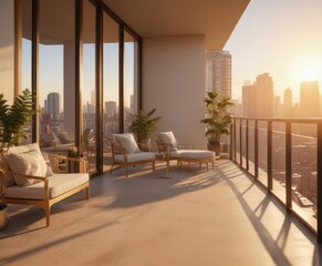 Golden hour sun bathes a modern high-rise apartment's spacious balcony and elegant interior ,  home decor,  upscale,  sunset