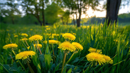 Fototapeta premium Dandelions in full bloom growing in lush green grass on a sunny day in the park. 