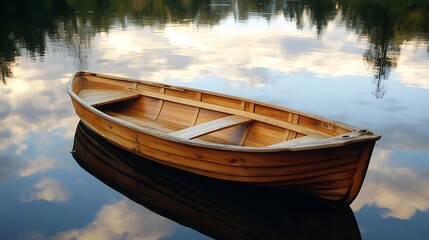 Obraz premium Wooden Boat Floating on Calm Lake Reflecting Clouds at Sunset