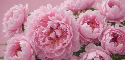 Tightly packed pink peonies, soft pink backdrop  Delicate petals ,  gentle,  soft,  celebration