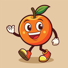 Groovy orange mascot. Funky retro character. cartoon apple, smiling, walking. Funny vintage trendy style character. Doodle Comic collection 