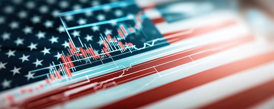 A close-up of the American flag overlaid with financial graphs, symbolizing economic trends and market analysis in the United States.