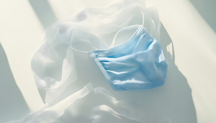 Obraz premium Blue surgical mask resting on white, flowing fabric with soft sunlight and shadows