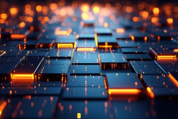 Obraz premium Abstract grid of blue squares with glowing orange edges and light reflection. Use for technology, data, or innovation visuals in corporate presentations.