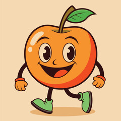 Groovy orange mascot. Funky retro character. cartoon apple, smiling, walking. Funny vintage trendy style character. Doodle Comic collection 