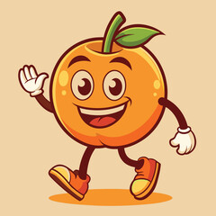 Groovy orange mascot. Funky retro character. cartoon apple, smiling, walking. Funny vintage trendy style character. Doodle Comic collection 