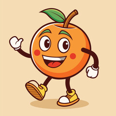 Groovy orange mascot. Funky retro character. cartoon apple, smiling, walking. Funny vintage trendy style character. Doodle Comic collection 