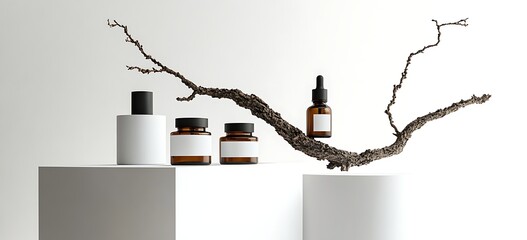 Elegant skincare display with natural branch