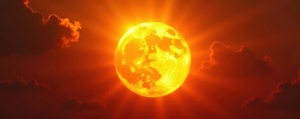 Fiery yellow sun, bright light, radiating beams , energy, bright light