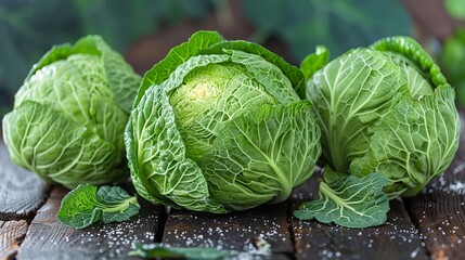 Fototapeta premium Fresh Green Cabbages on Rustic Wooden Tabletop Healthy Food