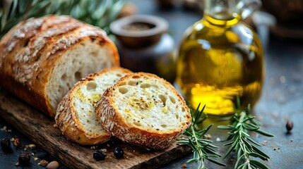 Delicious Crusty Bread Slices Drizzled with Olive Oil and Herbs A Rustic Culinary Still Life