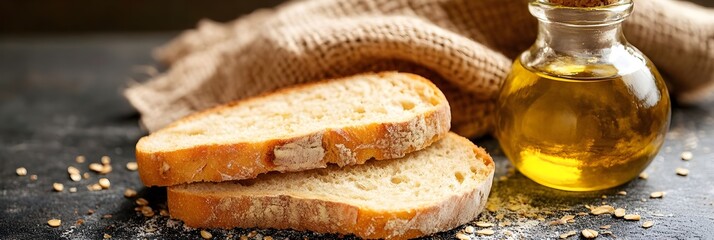 Sliced Artisan Bread with Olive Oil on Rustic Table Food