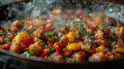 Delicious Steaming Chicken Stir Fry with Colorful Bell Peppers and Sesame Seeds