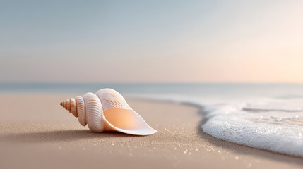 Single conch shell gleams on wet sand, wave receding, exudes serene coastal charm