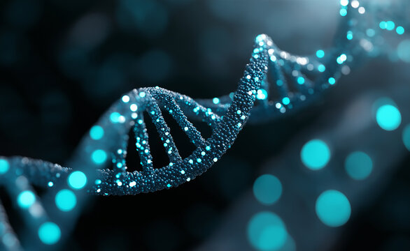 Glowing blue DNA double helix strand on a dark background with particle effects.
 - Powered by Adobe