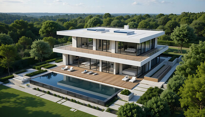 Fototapeta premium Modern Two-Story House with Infinity Pool and Lush Green Surroundings