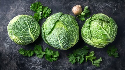 Fototapeta premium Three Fresh Green Cabbages with Parsley and Ginger on Dark Background Healthy Vegan Food Concept