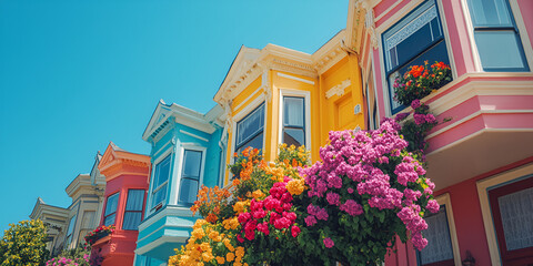 Colorful Row Houses with Blooming Flowers, Vibrant Facade of Colorful Buildings in City, Beautiful Homes with Lush Flower Boxes and Bright Colors

