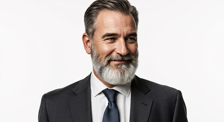 Professional portrait of a distinguished senior executive with a full gray beard and styled hair, dark gray business suit, white shirt, blue tie, leadership presence, minimalist background.