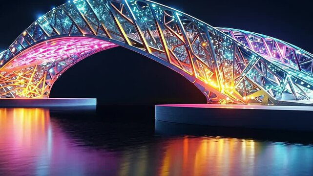 Illuminated Architectural Elegance: An extraordinary display of architectural ingenuity, this captivating bridge is illuminated with vibrant, dynamic colors, set against a dark, mirrored water.
