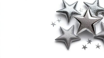 Obraz premium Silver Glitter Stars on White Background Festive Holiday Decoration