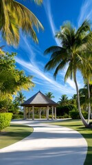 Tropical gazebo standing at the end of a winding path