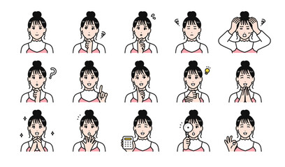 まとめ髪の若い女性の様々な表情バリエーションセット