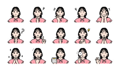 オシャレな若い女性の様々な表情バリエーションセット