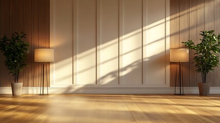 Empty sunlit room with elegant paneling