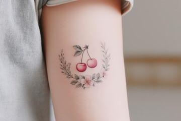 Minimal tattoo of two red cherries with leaves surrounded by delicate pink flowers and branches on a person’s upper arm