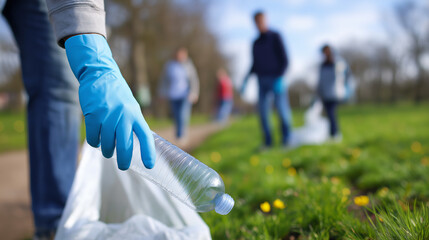 Volunteers wearing gloves picking up litter in a park during a community cleanup event.
